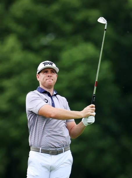 Luke List plays his second shot on the 13th hole during the final round of the Barbasol Championship at Keene Trace Golf Club on July 18, 2021 in...