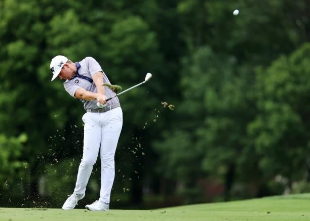 Luke List plays his second shot on the 13th hole during the final round of the Barbasol Championship at Keene Trace Golf Club on July 18, 2021 in...
