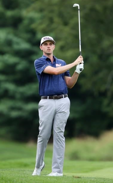 Poston plays his second shot on the 13th hole during the final round of the Barbasol Championship at Keene Trace Golf Club on July 18, 2021 in...