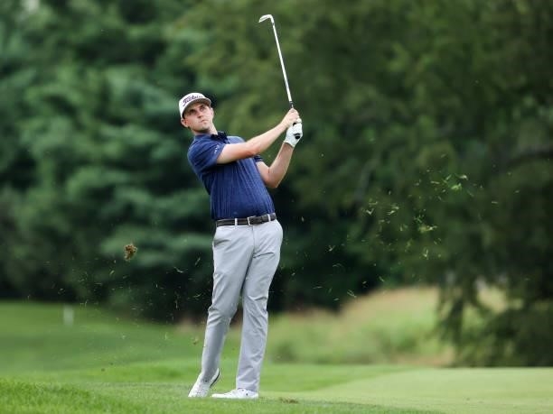 Poston plays his second shot on the 13th hole during the final round of the Barbasol Championship at Keene Trace Golf Club on July 18, 2021 in...