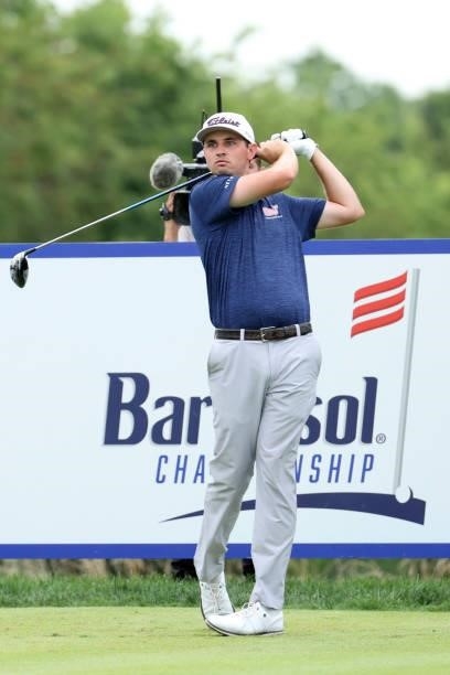 Poston plays his shot from the 13th tee during the final round of the Barbasol Championship at Keene Trace Golf Club on July 18, 2021 in...