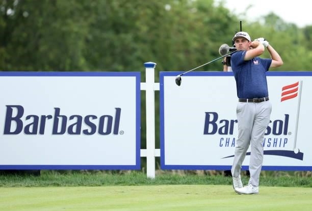 Poston plays his shot from the 13th tee during the final round of the Barbasol Championship at Keene Trace Golf Club on July 18, 2021 in...