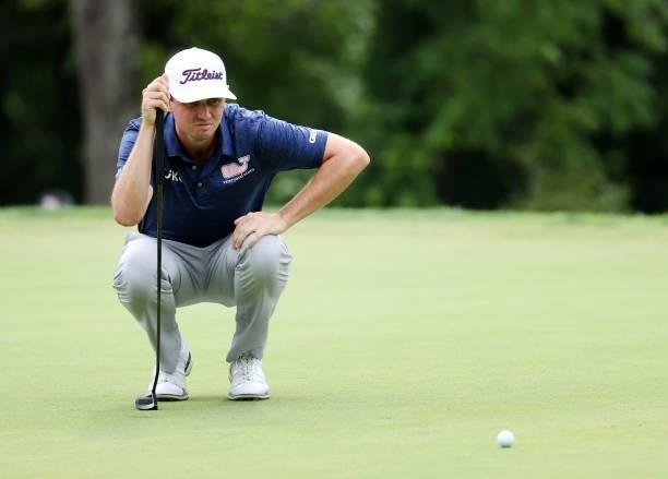 Poston lines up a putt on the 14th green during the final round of the Barbasol Championship at Keene Trace Golf Club on July 18, 2021 in...