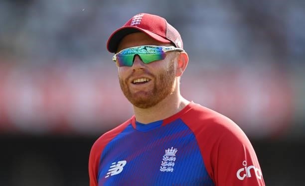 Jonny Bairstow of England looks on during the 2nd Vitality T20 International between England and Pakistan at Emerald Headingley Stadium on July 18,...