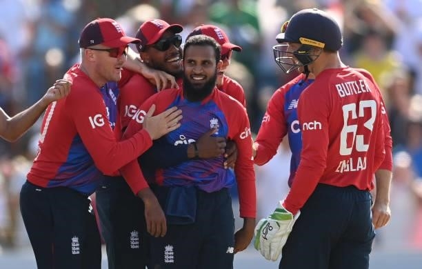 Adil Rashid of England is congratulated by Jason Roy, Chris Jordan and Tom Curran after dismissing Mohammad Rizwan of Pakistan during the 2nd...