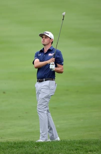 Poston plays his second shot on the 18th hole during the final round of the Barbasol Championship at Keene Trace Golf Club on July 18, 2021 in...
