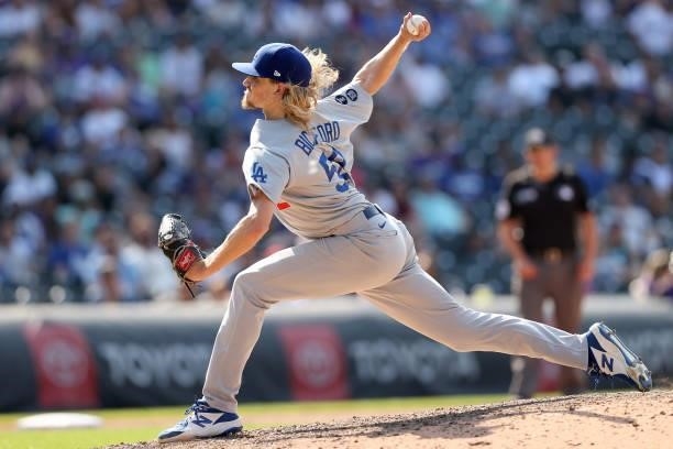 Pitcher Phil Bickford of the Los Angeles Dodgers throws against the Colorado Rockies in the tenth inning at Coors Field on July 18, 2021 in Denver,...