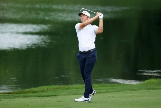 Seamus Power of Ireland plays his second shot on the 18th hole during the first playoff hole during the final round of the Barbasol Championship at...
