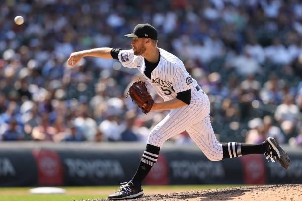 Pitcher Daniel Bard of the Colorado Rockies throws against the Los Angeles Dodgers in the ninth inning at Coors Field on July 18, 2021 in Denver,...