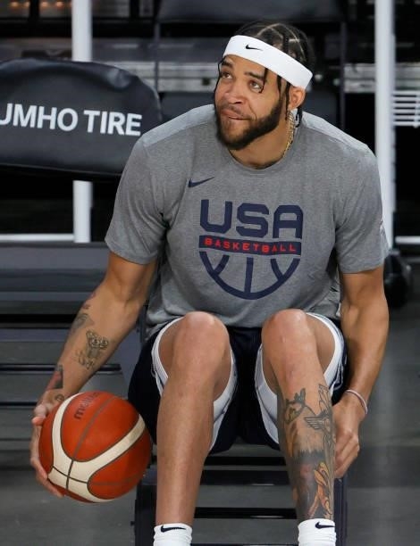 JaVale McGee of the United States looks on during warmups before an exhibition game against Spain at Michelob ULTRA Arena ahead of the Tokyo Olympic...