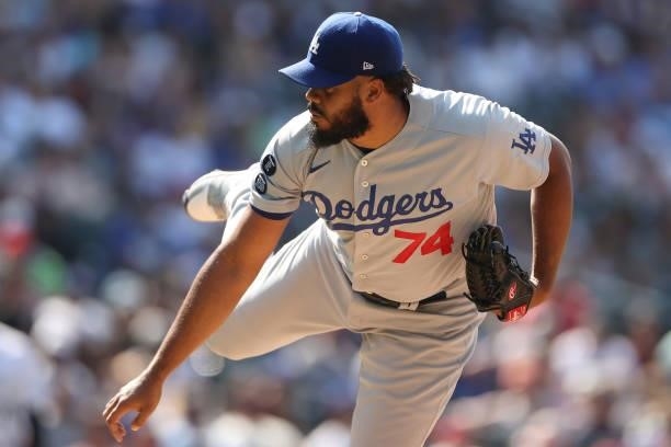Pitcher Kenley Jansen of the Los Angeles Dodgers throws against the Colorado Rockies in the ninth inning at Coors Field on July 18, 2021 in Denver,...