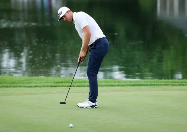 Seamus Power of Ireland putts for birdie on the ninth hole during the fourth playoff hole during the final round of the Barbasol Championship at...