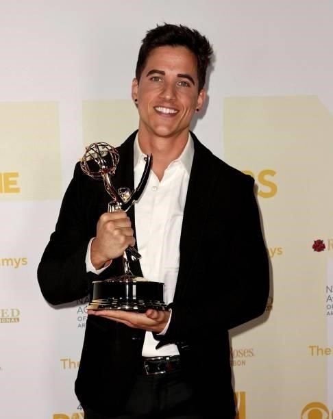Mike Manning poses with the award for Outstanding Performance by a Supporting Actor in a Daytime Fiction Program for "The Bay