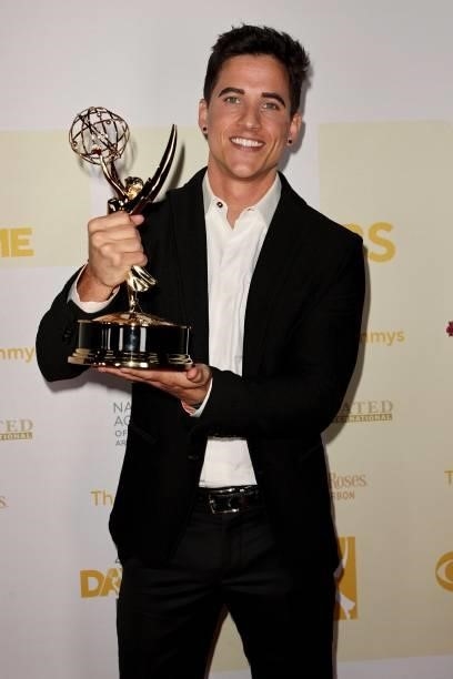 Mike Manning poses with the award for Outstanding Performance by a Supporting Actor in a Daytime Fiction Program for "The Bay