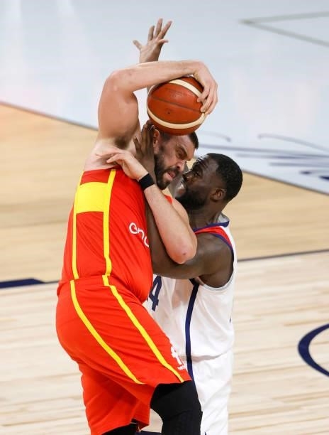 Draymond Green of the United States fouls Marc Gasol of Spain during an exhibition game at Michelob ULTRA Arena ahead of the Tokyo Olympic Games on...