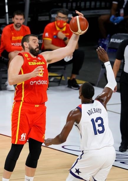 Marc Gasol of Spain passes against Bam Adebayo of the United States during an exhibition game at Michelob ULTRA Arena ahead of the Tokyo Olympic...