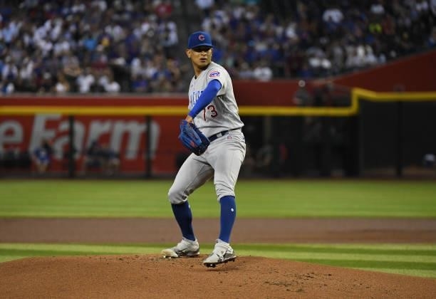 Adbert Alzolay of the Chicago Cubs delivers a pitch against the Arizona Diamondbacks at Chase Field on July 17, 2021 in Phoenix, Arizona.