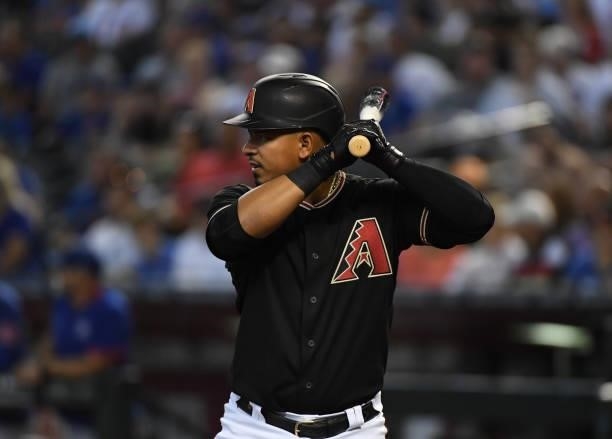 Eduardo Escobar of the Arizona Diamondbacks gets ready in the batters box against the Chicago Cubs at Chase Field on July 17, 2021 in Phoenix,...