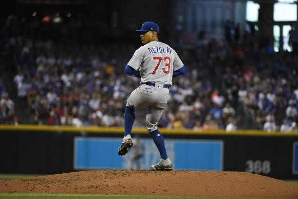 Adbert Alzolay of the Chicago Cubs delivers a pitch against the Arizona Diamondbacks at Chase Field on July 17, 2021 in Phoenix, Arizona.