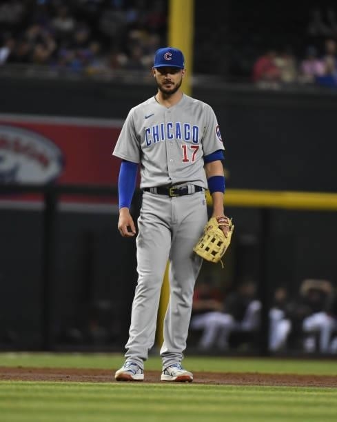 Kris Bryant of the Chicago Cubs gets ready to make a play at third base against the Arizona Diamondbacks at Chase Field on July 17, 2021 in Phoenix,...