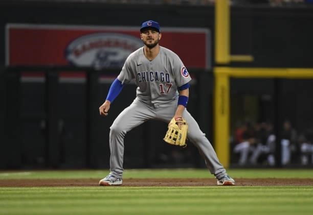 Kris Bryant of the Chicago Cubs gets ready to make a play at third base against the Arizona Diamondbacks at Chase Field on July 17, 2021 in Phoenix,...