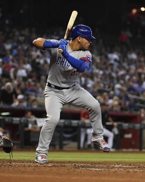 Wilson Contreras of the Chicago Cubs gets ready in the batters box against the Arizona Diamondbacks at Chase Field on July 17, 2021 in Phoenix,...