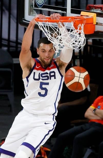 Zach LaVine of the United States dunks against Spain during an exhibition game at Michelob ULTRA Arena ahead of the Tokyo Olympic Games on July 18,...