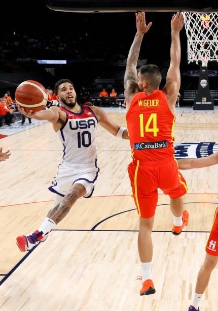 Jayson Tatum of the United States shoots against Willy Hernangomez of Spain during an exhibition game at Michelob ULTRA Arena ahead of the Tokyo...