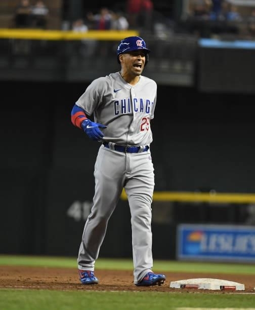 Robinson Chirinos of the Chicago Cubs reacts after hitting an RBI single against the Arizona Diamondbacks at Chase Field on July 17, 2021 in Phoenix,...