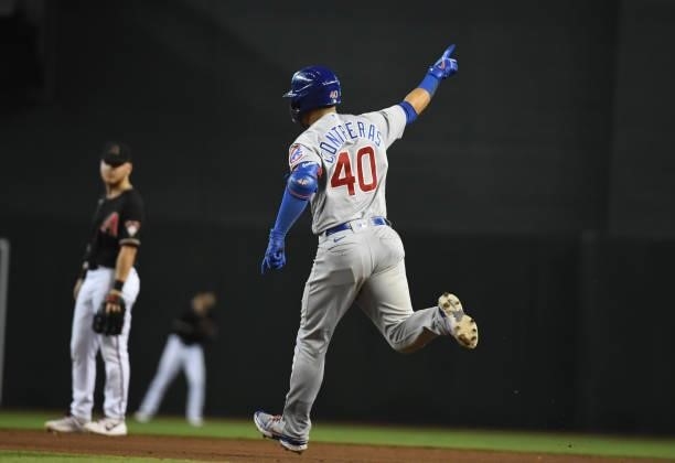 Wilson Contreras of the Chicago Cubs rounds the bases after hitting a two run home run against the Arizona Diamondbacks at Chase Field on July 17,...