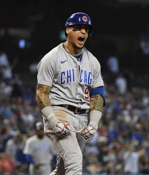 Javier Baez of the Chicago Cubs reacts after the end of the ninth inning against the Arizona Diamondbacks at Chase Field on July 17, 2021 in Phoenix,...