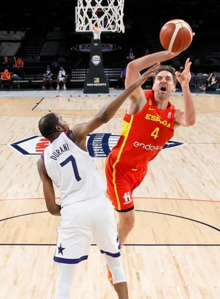 Pau Gasol of Spain is fouled by Kevin Durant of the United States during an exhibition game at Michelob ULTRA Arena ahead of the Tokyo Olympic Games...