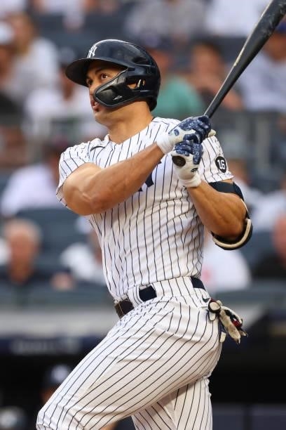 Giancarlo Stanton the New York Yankees in action against the Boston Red Sox during a game at Yankee Stadium on July 18, 2021 in New York City.