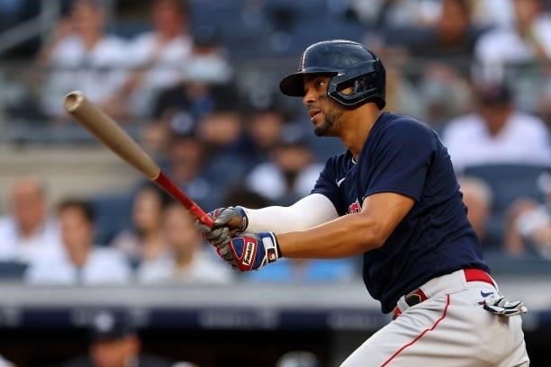 Xander Bogaerts of the Boston Red Sox in action during a game against the New York Yankees at Yankee Stadium on July 18, 2021 in New York City.