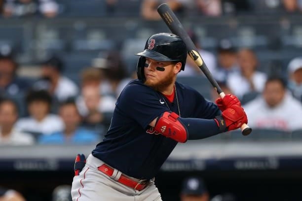 Alex Verdugo of the Boston Red Sox in action during a game against the New York Yankees at Yankee Stadium on July 18, 2021 in New York City.