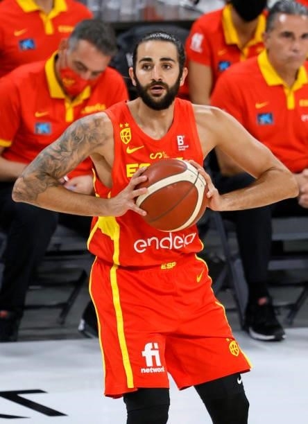 Ricky Rubio of Spain passes against the United States during an exhibition game at Michelob ULTRA Arena ahead of the Tokyo Olympic Games on July 18,...
