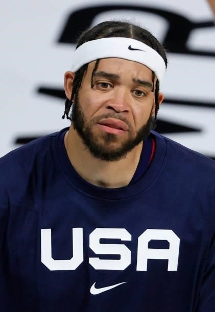 JaVale McGee of the United States warms up before an exhibition game against Spain at Michelob ULTRA Arena ahead of the Tokyo Olympic Games on July...
