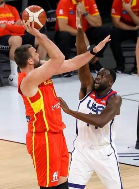 Marc Gasol of Spain shoots against Draymond Green of the United States during an exhibition game at Michelob ULTRA Arena ahead of the Tokyo Olympic...