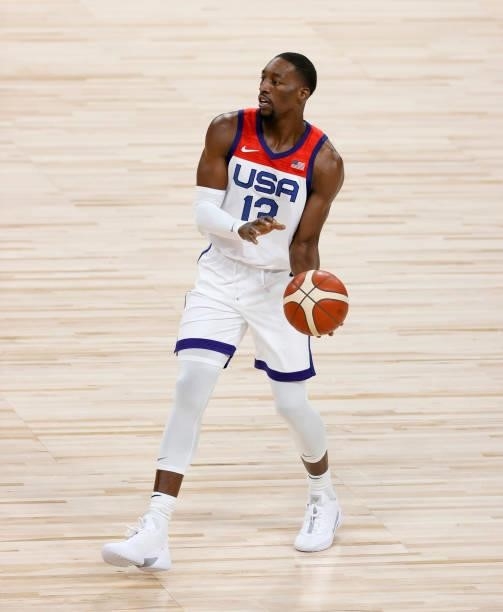 Bam Adebayo of the United States brings the ball up the court against Spain during an exhibition game at Michelob ULTRA Arena ahead of the Tokyo...