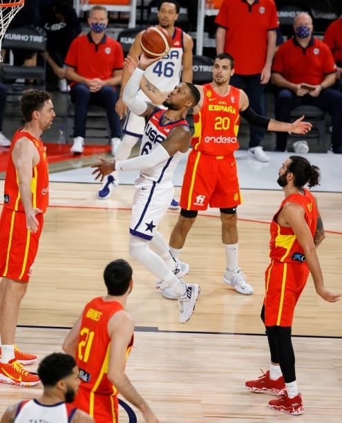 Damian Lillard of the United States puts up a shot against Spain during an exhibition game at Michelob ULTRA Arena ahead of the Tokyo Olympic Games...