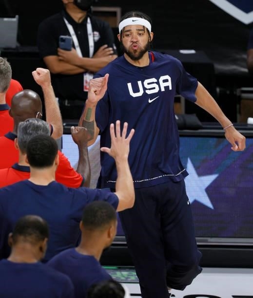 JaVale McGee of the United States is introduced before an exhibition game against Spain at Michelob ULTRA Arena ahead of the Tokyo Olympic Games on...