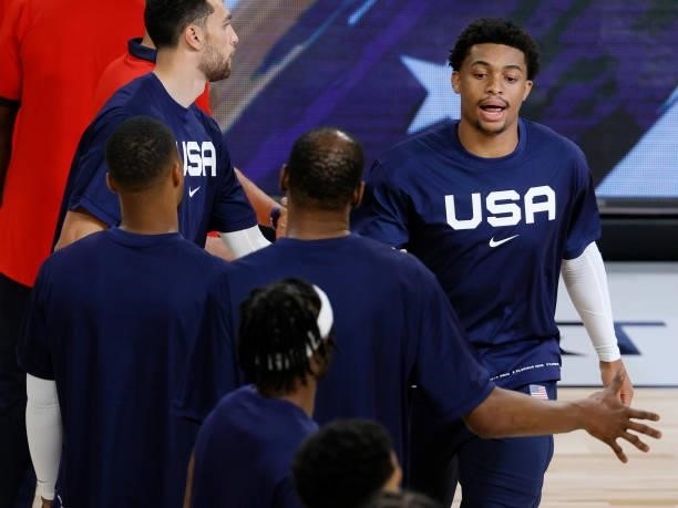 Keldon Johnson of the United States is introduced before an exhibition game against Spain at Michelob ULTRA Arena ahead of the Tokyo Olympic Games on...