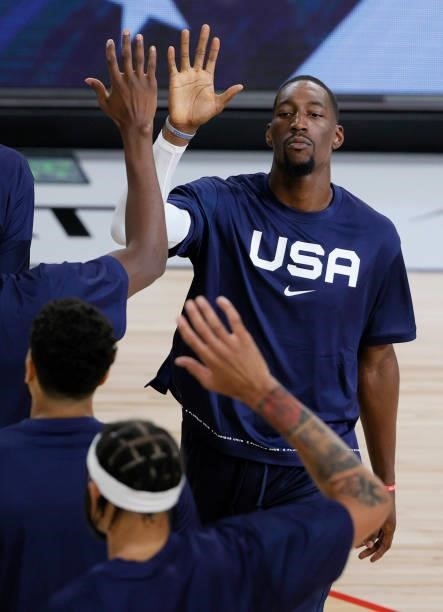 Bam Adebayo of the United States is introduced before an exhibition game against Spain at Michelob ULTRA Arena ahead of the Tokyo Olympic Games on...