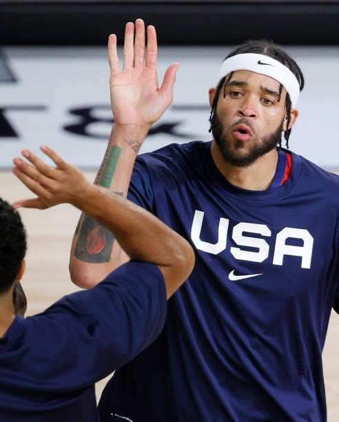 JaVale McGee of the United States is introduced before an exhibition game against Spain at Michelob ULTRA Arena ahead of the Tokyo Olympic Games on...