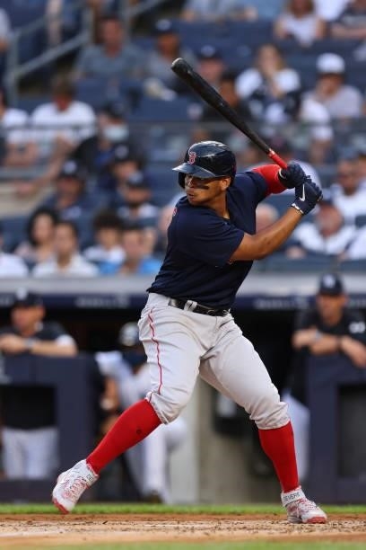Rafael Devers of the Boston Red Sox in action during a game against the New York Yankees at Yankee Stadium on July 18, 2021 in New York City.