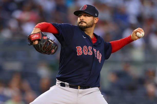 Martín Pérez of the Boston Red Sox in action against the New York Yankees during a game at Yankee Stadium on July 18, 2021 in New York City.