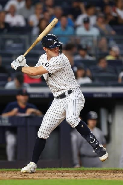 Trey Amburgey of the New York Yankees in action against the Boston Red Sox during a game at Yankee Stadium on July 18, 2021 in New York City.