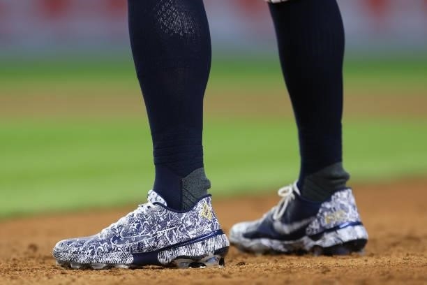 The Nike shoes worn by Giancarlo Stanton of the New York Yankees in action against the Boston Red Sox during a game at Yankee Stadium on July 18,...
