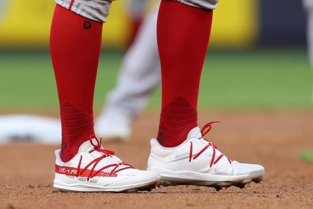 The Adidas Adizero shoes worn by Xander Bogaerts of the Boston Red Sox in action during a game against the New York Yankees at Yankee Stadium on July...