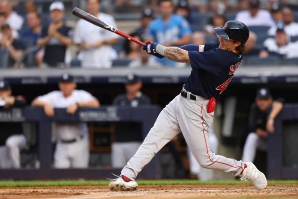 Jarren Duran of the Boston Red Sox in action during a game against the New York Yankees at Yankee Stadium on July 18, 2021 in New York City.